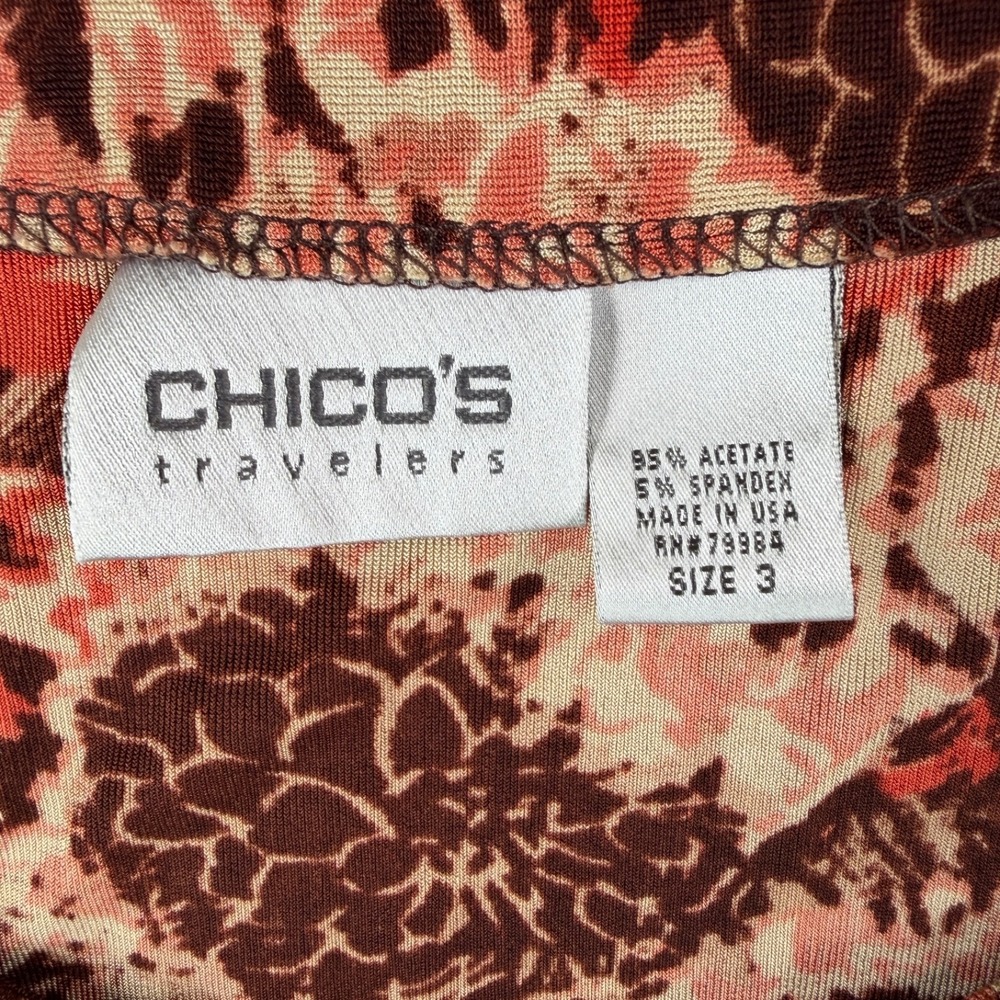 Chico's Travelers Womens Floral Top Size 3 XL 3/4 Sleeve Brown Coral Knit Blouse - Picture 3 of 9